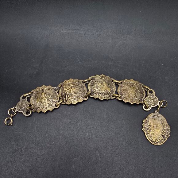 Don Quixote Story Book Bracelet Bronze Tone Links Vintage Jewelry - Picture 6 of 10